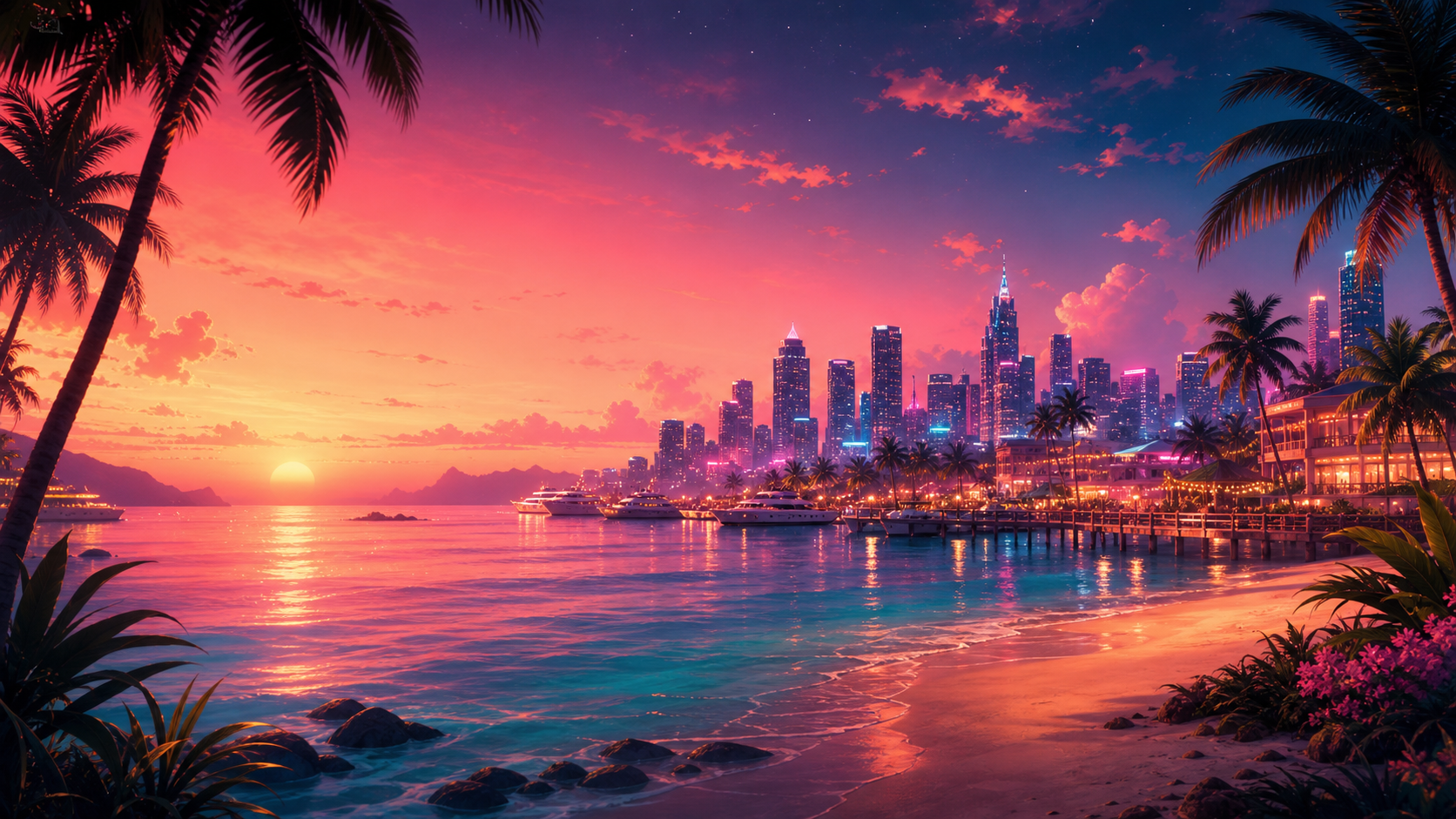 Tropical neon city scene for Star Valley RP FiveM roleplay server